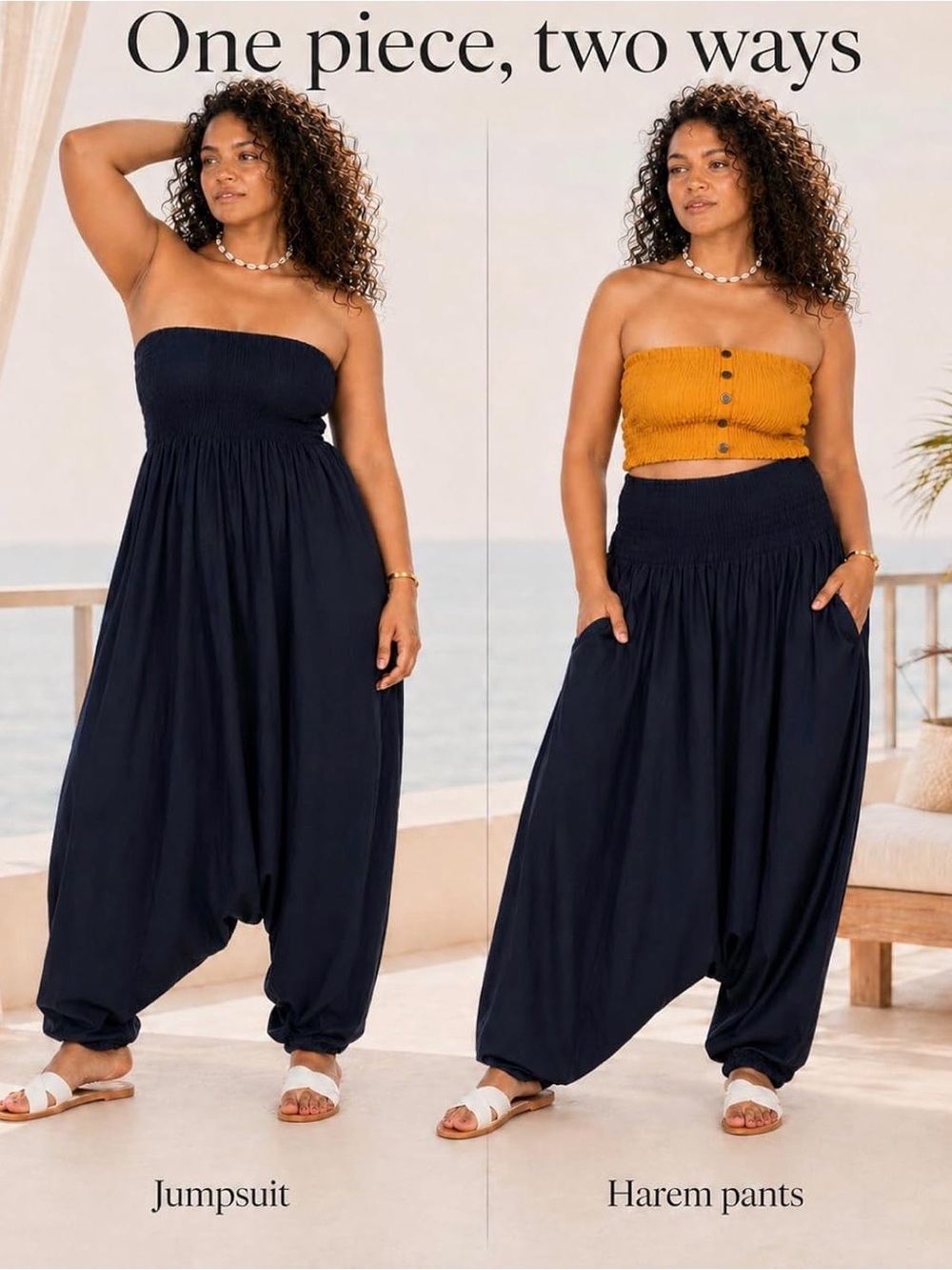 Women’s Navy Smocked jumpsuit with harem Pants - Picture 2 of 4
